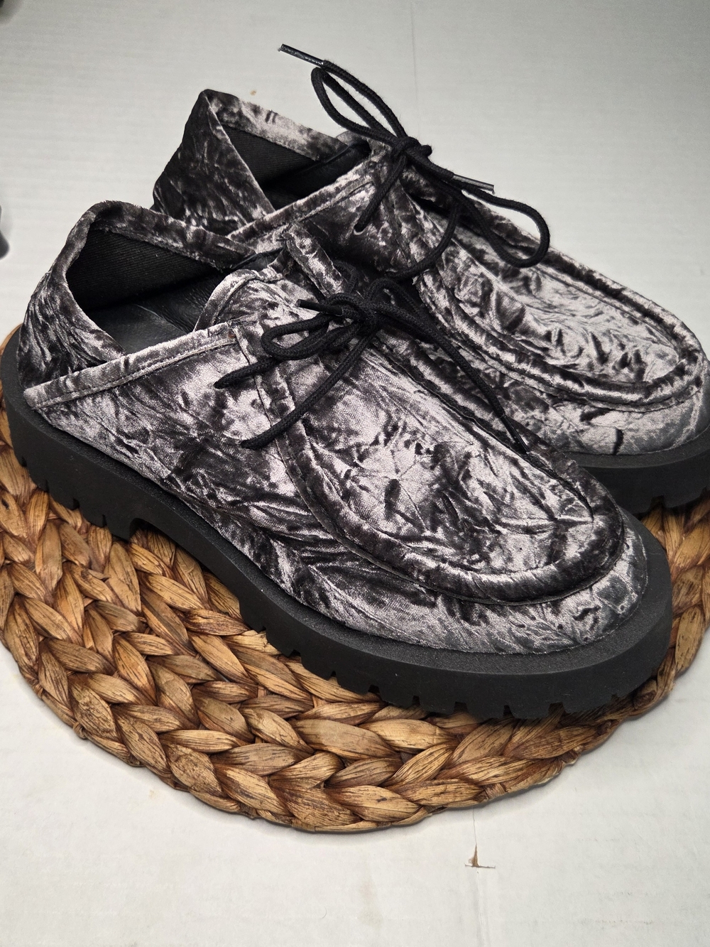 Free People Women's Crushed Velvet Lace-Up Loafers in Charcoal